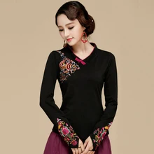 Женская футболка с длинными рукавами, вышитая весна-осень, китайский стиль, v-образный вырез, плюс размер, 4XL 5XL рубашка