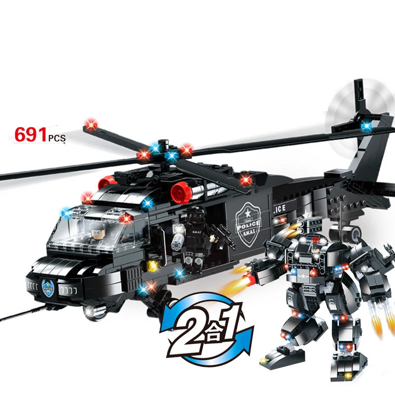 

691pcs Children's educational building blocks toy Compatible Legoings city SWAT Team 2 in 1 Black Hawk Gunship DIY figures Brick