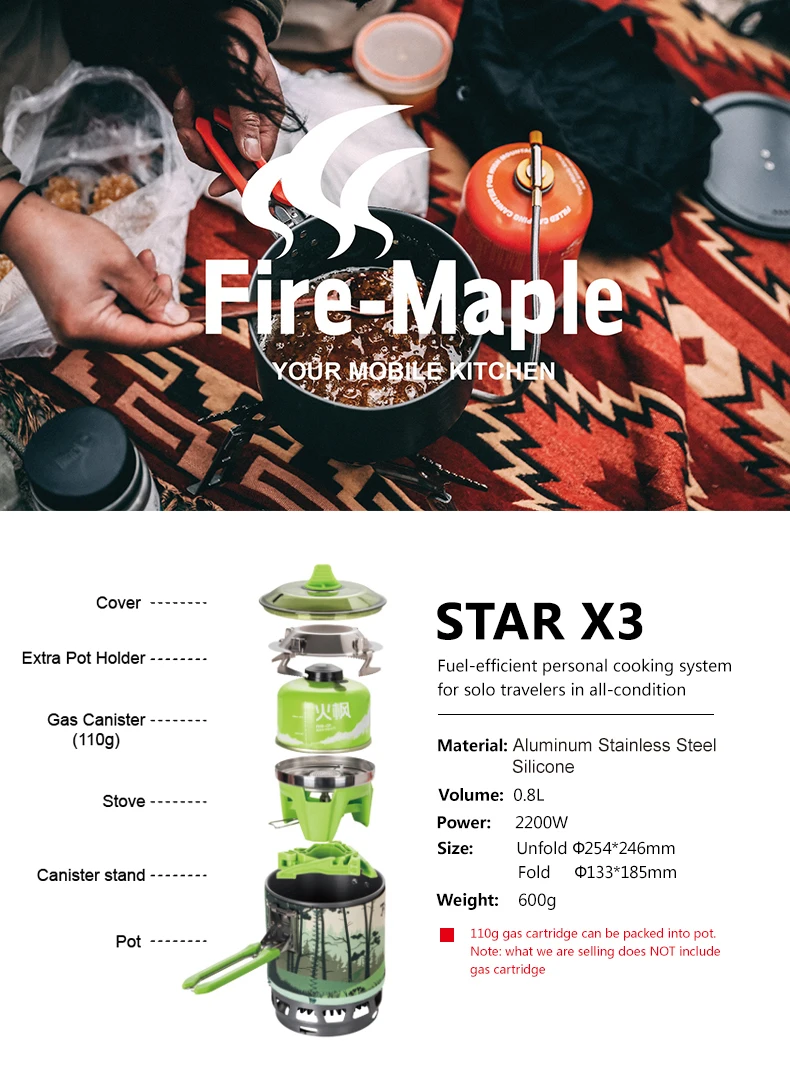 Газовая горелка Fire Maple для кемпинга, уличная альпинистская система для приготовления пищи 2200 Вт 0.8л 600 г с пьезоподжигом, газовая плита FMS-X3