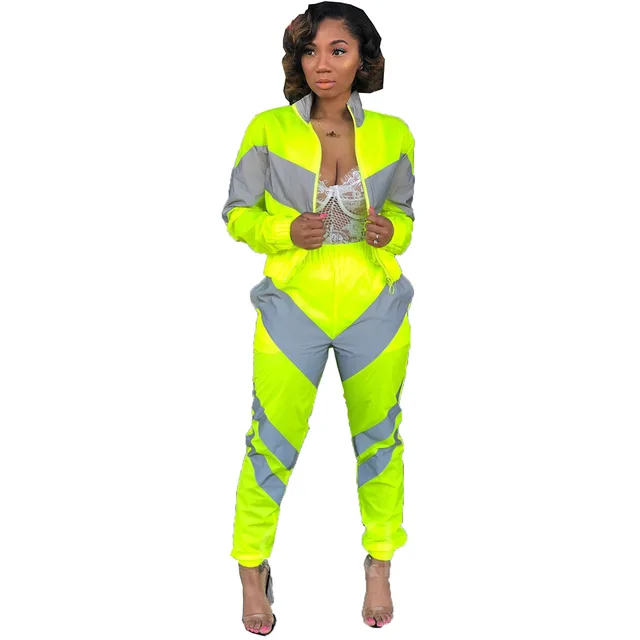 Women Long Sleeve Fluorescent Green Jacket 2 Piece Set Reflective Neon