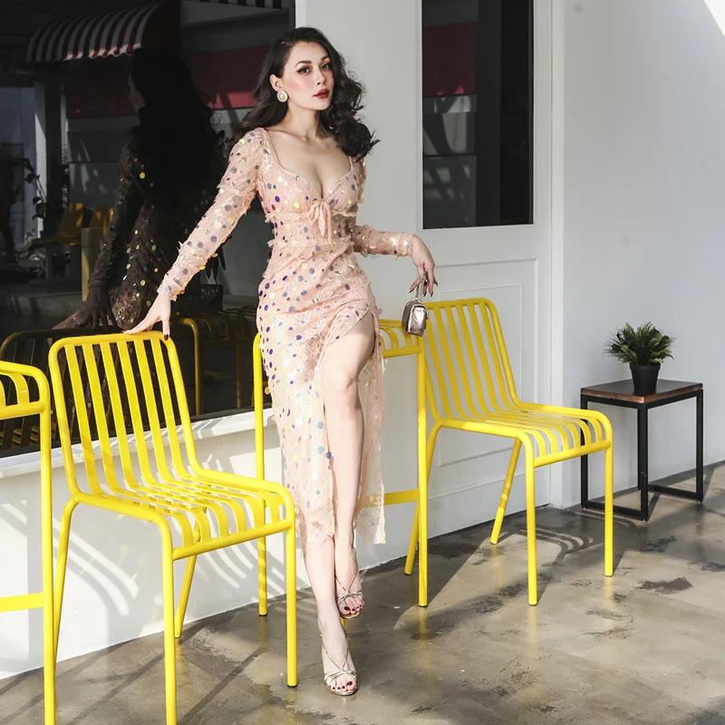 

Luxury Women Lace Sequined Slim Dress Long Sleeve V-neck Fashion Temperament Retro Dress Party Vestidos