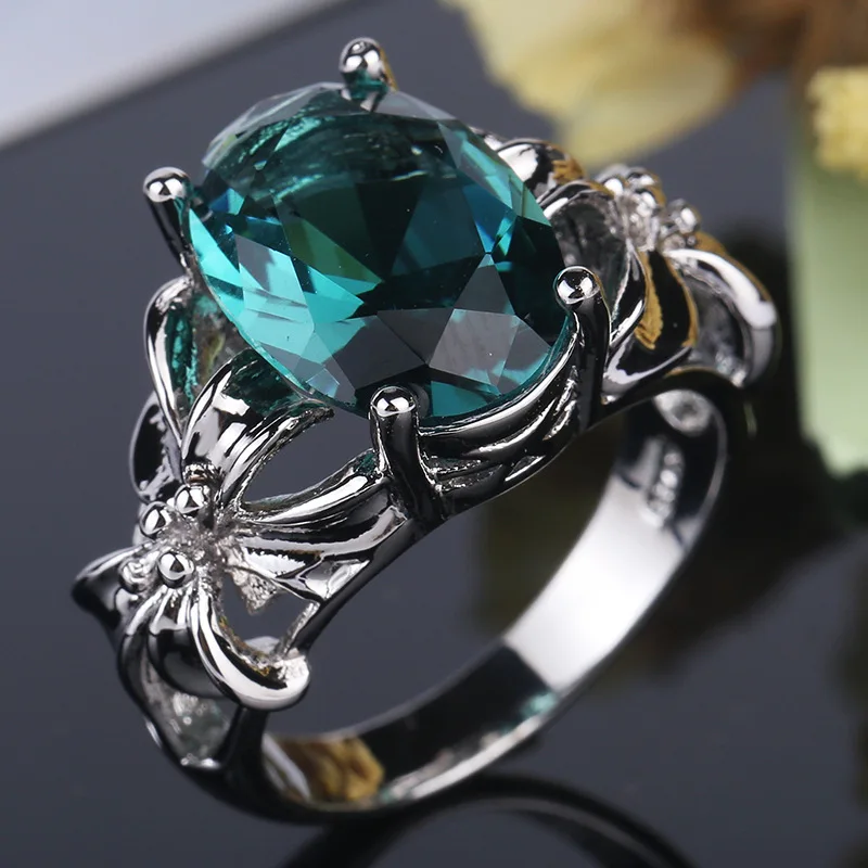 

Ladies Fashion Elegant Jewelry Silver Rings Oval Green Rhinestone Petal Floral Halo Engagement Wedding Ring