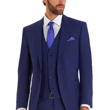 Красивый Синий Жених Смокинги Лучший Мужские Костюмы(Куртка+ Брюки+ жилет) Однобортный Сшитое Бизнес Формальный случаю Костюмы