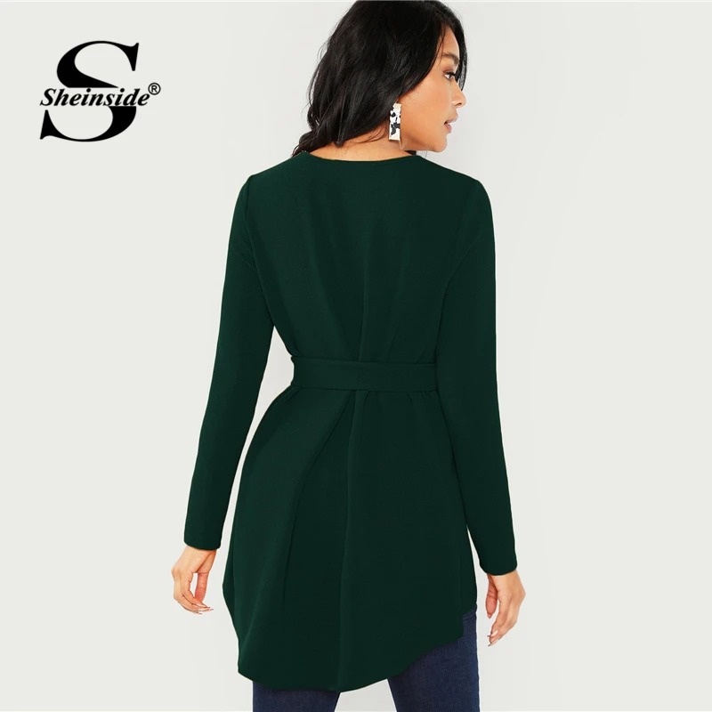 Sheinside, блузка с зеленым ремнем, асимметричный подол, женская, весна, Повседневная Блузка с поясом, женская элегантная рабочая одежда, одноцветная рубашка с отделкой