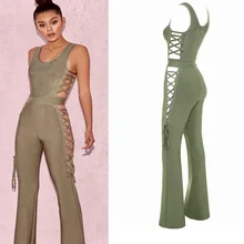 Модные сексуальные зеленые черные комбинезоны без рукавов с открытыми плечами, сексуальные женские открытые сапоги с вырезами, Длинные Комбинезоны с повязкой