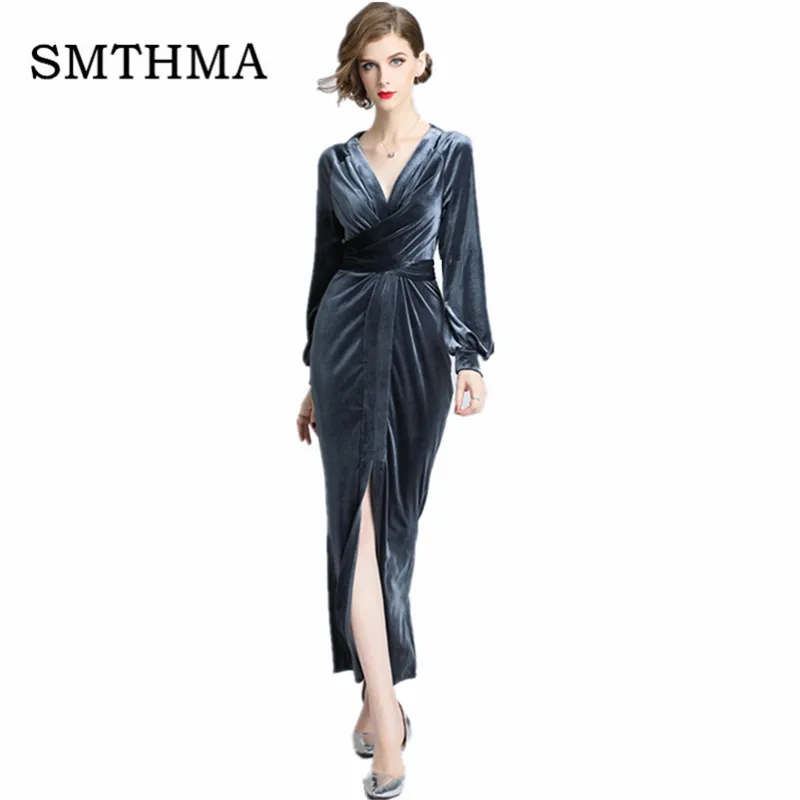 

High quality luxury Autumn And Winter European new V-neck velvet dress Lace Up Bow Long Dress vestidos