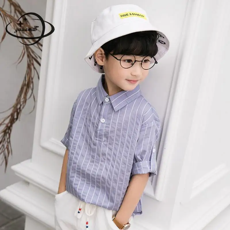 

YAUAMDB kids shirts summer 4-17Y boys blouse short sleeve clothing single button stripe fashion casual children clothing ly49