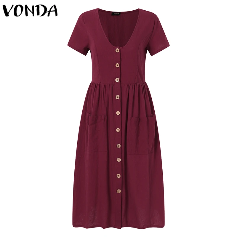 VONDA, женские платья до колена,, летние, для беременных, винтажные, сексуальные, v-образный вырез, короткий рукав, повседневные, для беременных, на пуговицах, размера плюс, Vestido - Цвет: Wine Red