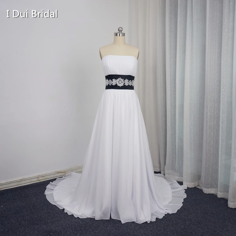 

White Black Wedding Dresses Contrast Color A line Strapless Chiffon Beaded Sash Belt Popular Style Factory Custom Make K76
