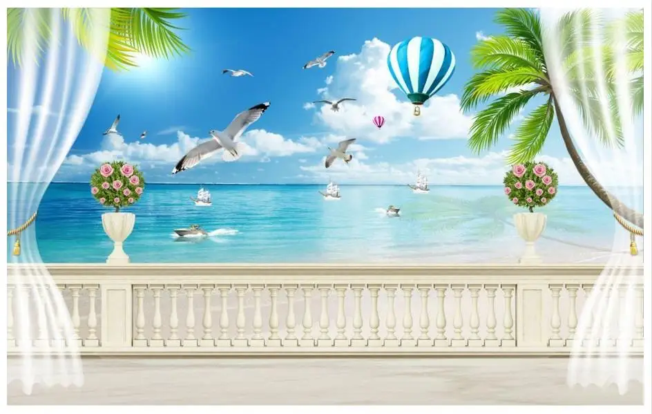 

3d wallpaper custom High end 3d murals wallpaper for walls 3 d Window seaside coconut tree view TV sofa background wall decor