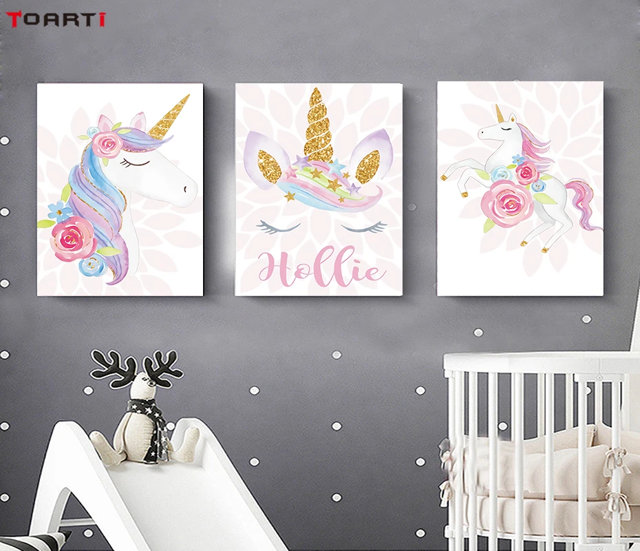 Cartoon Animal Prints Posters Colorful Unicorn Canvas Painting On The Wall Flowers Art Pictures For Kids Nursery Home Decoration (1)