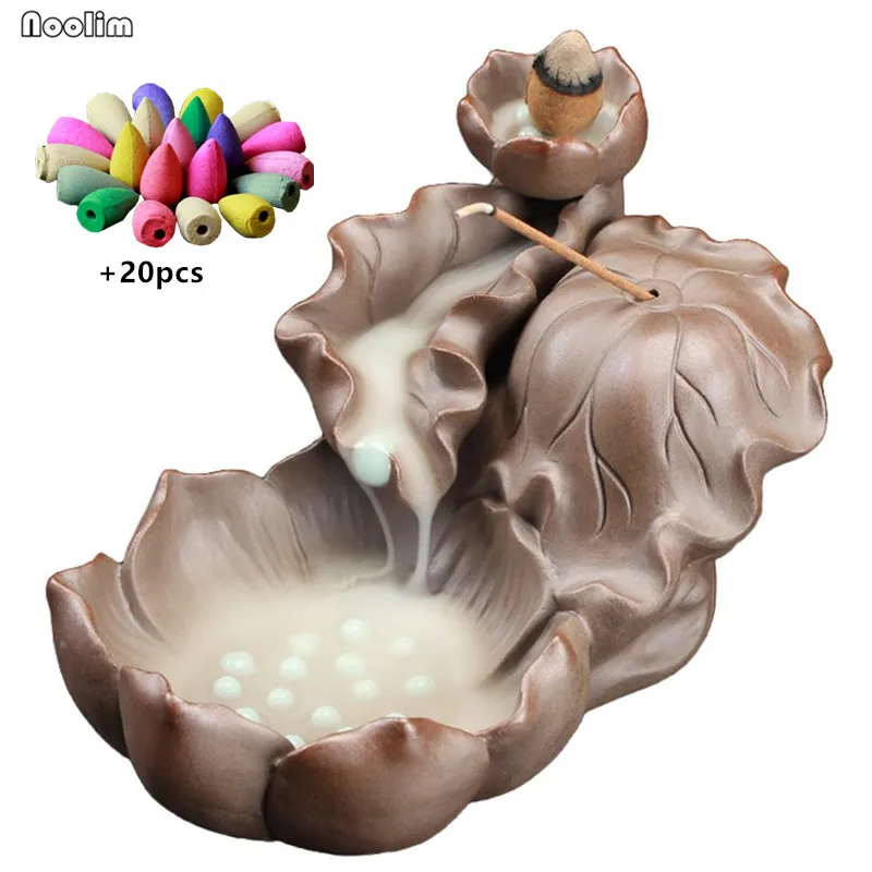 

Creative Ceramic Lotus Leaf Backflow Incense Burner Smoke Waterfall Stick Incense Holder Home Decor + 20pcs Incense Cones