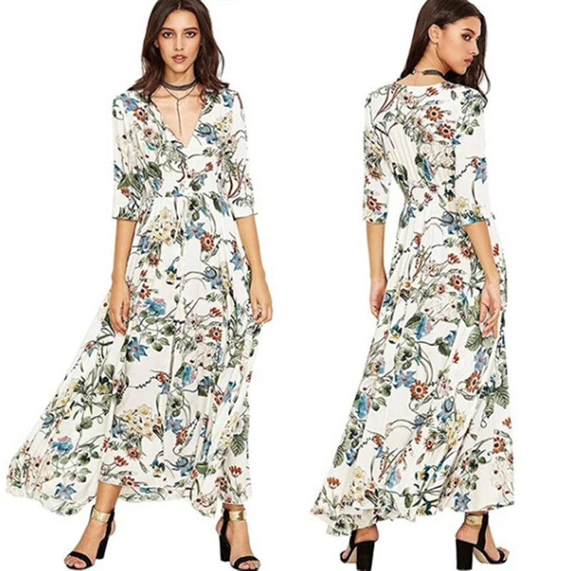 Boho Цветочный Принт Длинное платье Vestidos женское летнее Макси Сарафан сексуальный