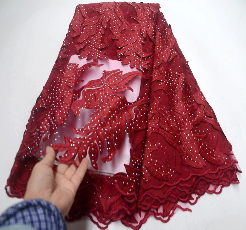 

Wine Red French Lace Fabric Nigeria Bridal Tulle African Lace 2019 Women With Stones Embroidered High Quality Net Lace Fabric