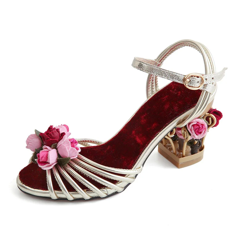 

Womens Peep Toe Flowers Strappy Strange High Bird Cage Heel Ankle Buckle Velvet Slingback Sandals Shoes Hollow Plus Size A773