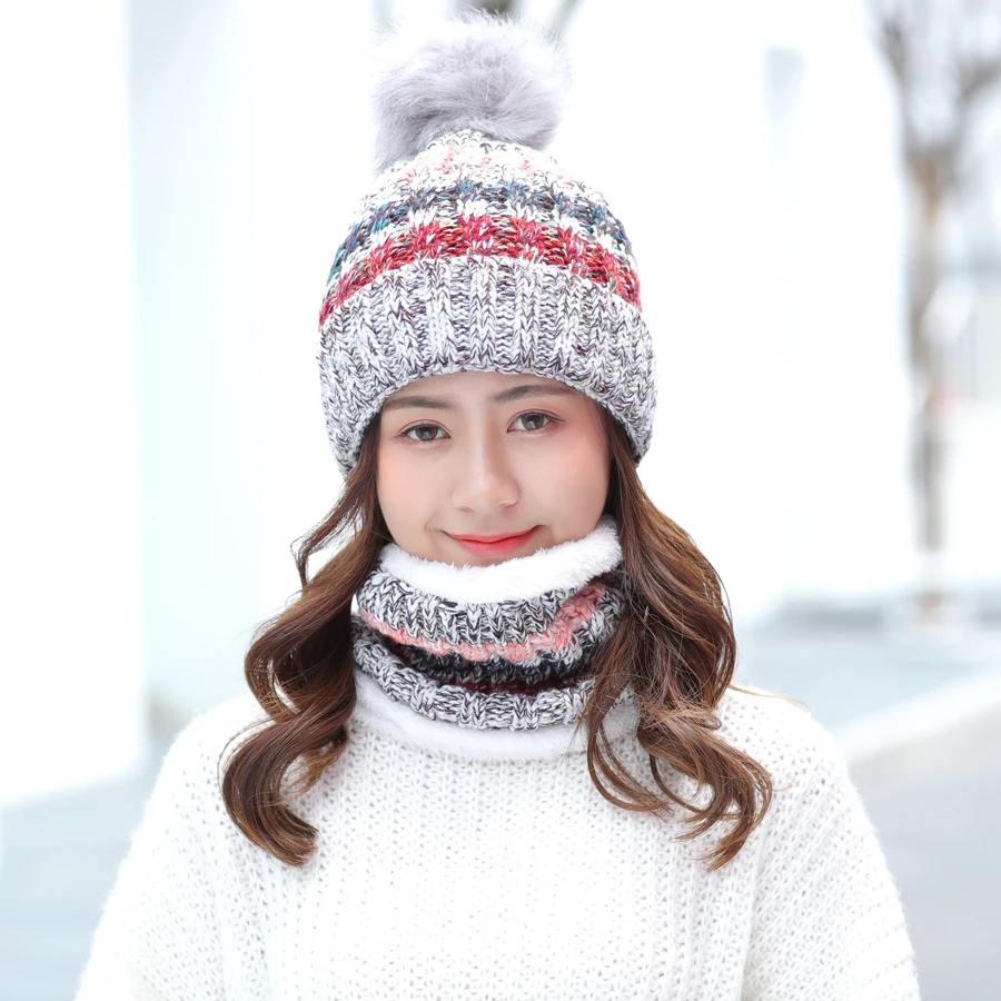 Зимние Утепленные наборы шарф шапка для женщин новая леди Имитация помпон из лисьего меха вязаные уличные шапочки шапки женские кольца шарфы