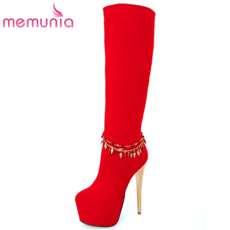 

MEMUINA Women hot sale knee high boots round toe platform shoes red black spring autumn shoes stiletto high heels boots