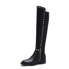 Hot sale Handmade Over-the-knee Boots Black Slip-on Full grain leather women boots Round toe Flat with shoes woman 6030