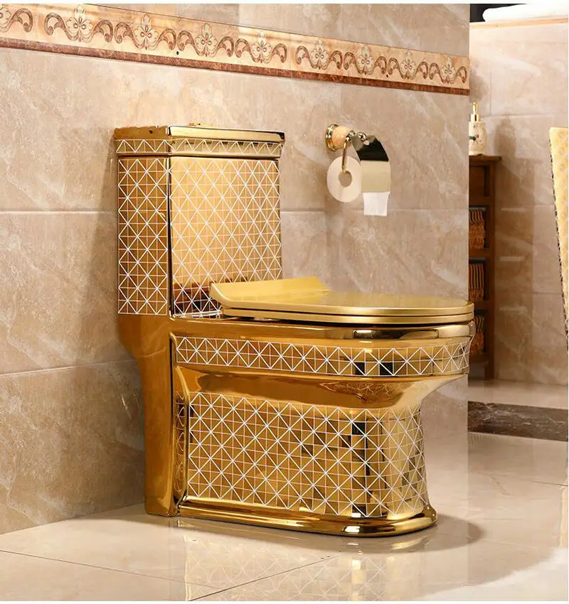 Artistic Golden Diamonds Style One Piece Closestool Siphon Jet Fluishing S-Trap Floor Mounted Luxious Villa Bathroom Seat Toilet