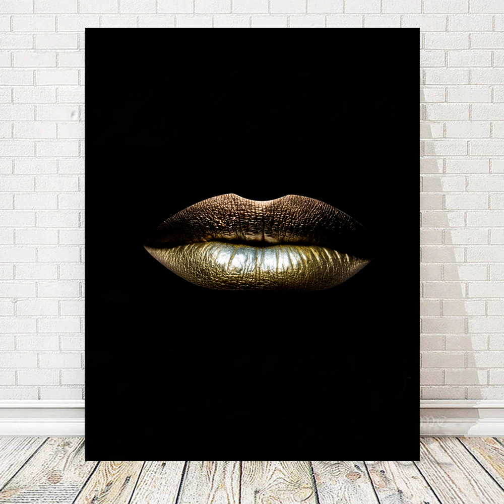 Modern Pictures Black White Sexy Charming Woman Gold Lips Canvas Painting Wall Art For Living Room Home Decor Posters and Prints