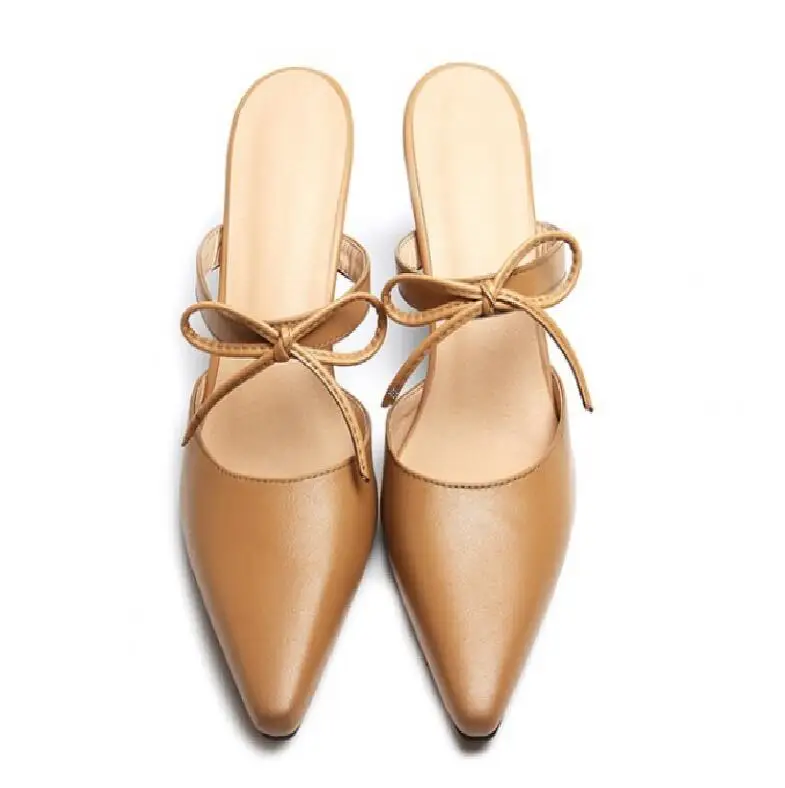 

Not Sexy Retro White/ dark khaki Genuine Leather shoe pointed toe Thin Heel Women's shoe Butterfly -Knot Slip-on Women's Sandals