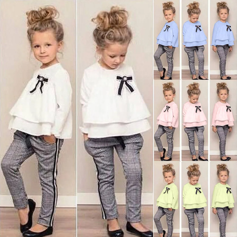 Комплект одежды для маленьких девочек, футболка с рюшами для малышей Топы с длинными рукавами+ штаны в клетку комплекты осенней школьной одежды из 2 предметов для девочек