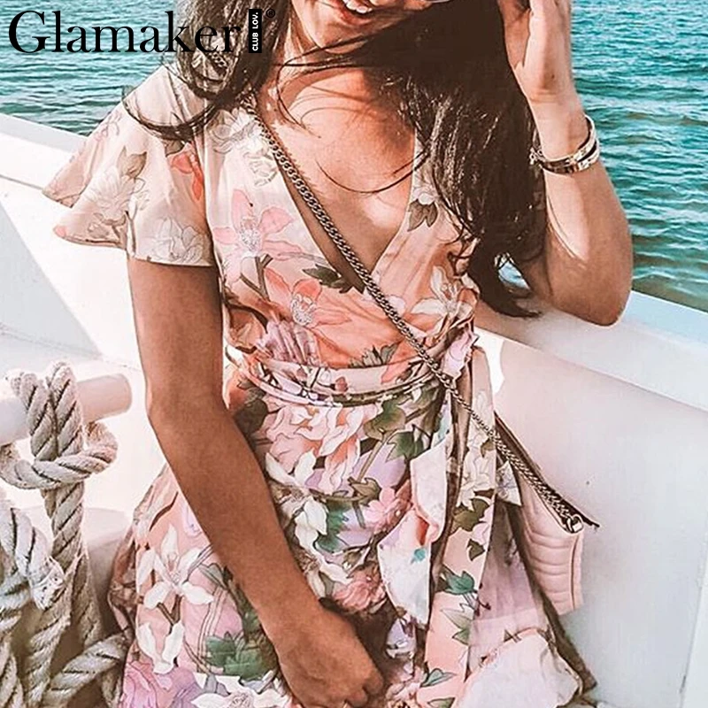 

Glamaker Floral sexy bodycon party short club dress Women v-neck beach holiday dress Elegant cotton ruffles boho summer dress