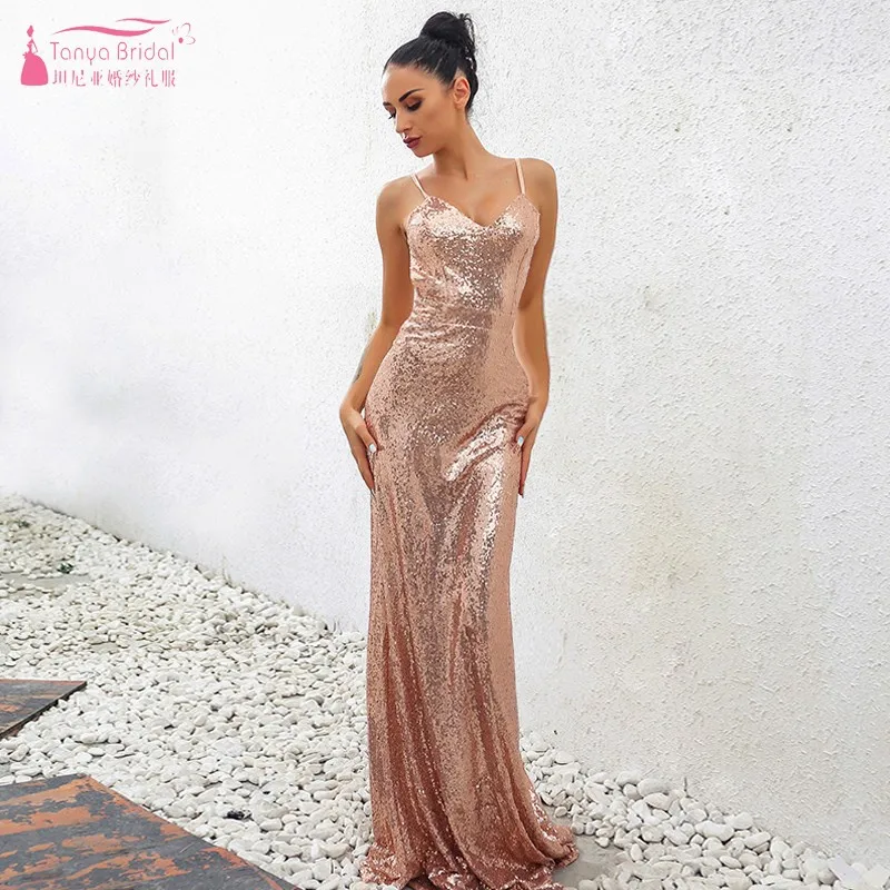 

Long Gold Sequin Bridesmaid Dresses Elegant Formal Wedding Party Dress Gown Junior Prom Dress For Weddings Bridesmaids Gown JQ80