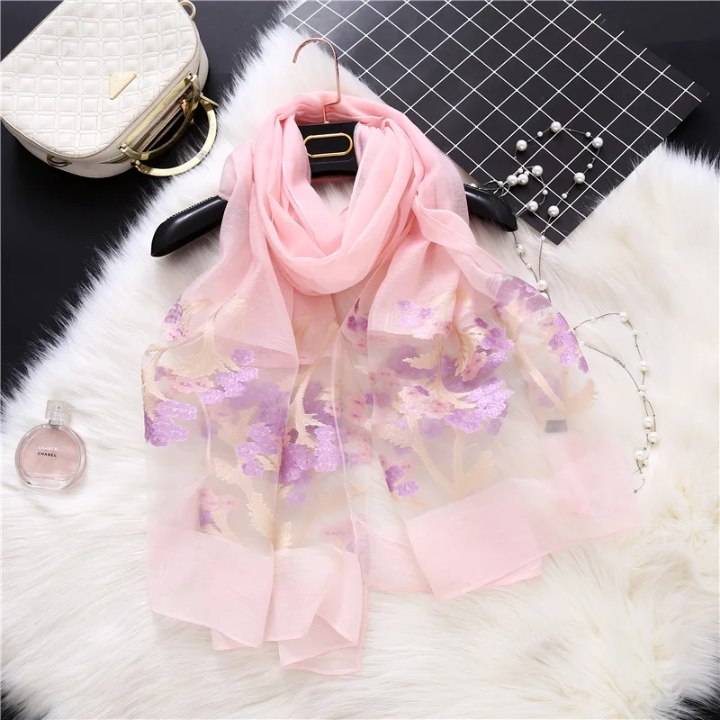 

Summer Autumn Winter Flower Embroidery 100% Silk Scarf for Women Design Scarf Women Shawls Scarves Brand Scarf Woman Sweet Wrap