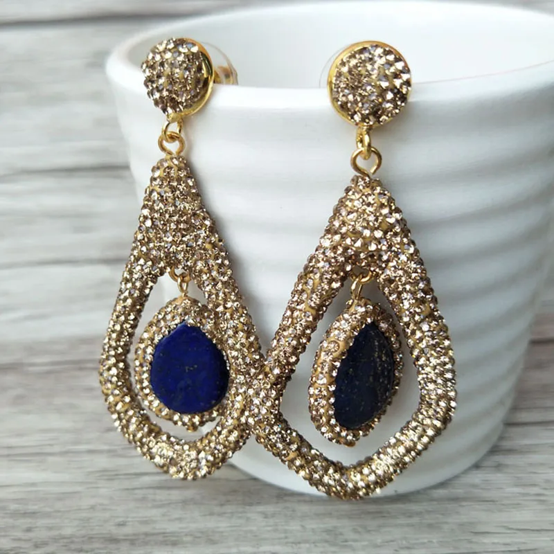 5Pairs natural stone/abalone shell/lapis lazuli dangle Earrings handmade Pave Crystal Rhinestone Charm Jewelry earrings ER263 | Украшения и