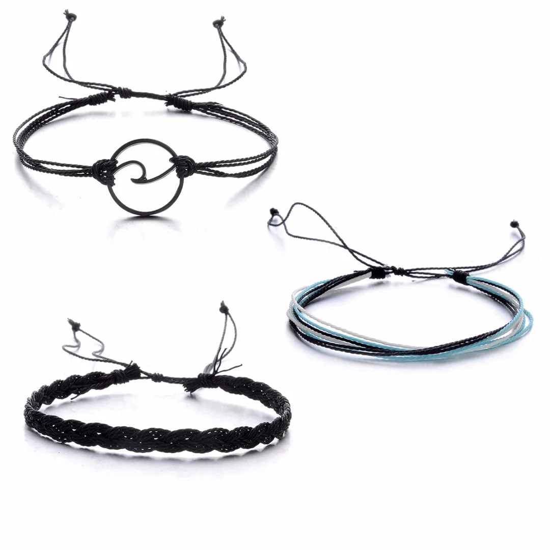 3pcs/set Bohemian Women Wave Bracelets Fashion Weave Rope Chain Set Adjustable Charm Bracelet Bangles Shellhard Boho Jewelry