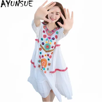 

AYUNSUE 2020 Ethnic Summer Bohemian Beach Dress Women Cotton Embroidery White Party Vintage Dresses Loose Casual Vestidos WXF712