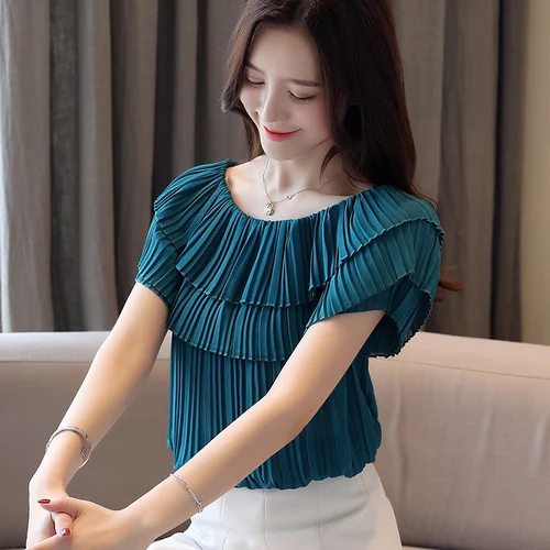 

2019 Korean Version Folded Lotus Leaf Chiffon Blouse Womens Tops And Blouses Short Sleeved Slash Neck Formal Blue Fashion Cloth