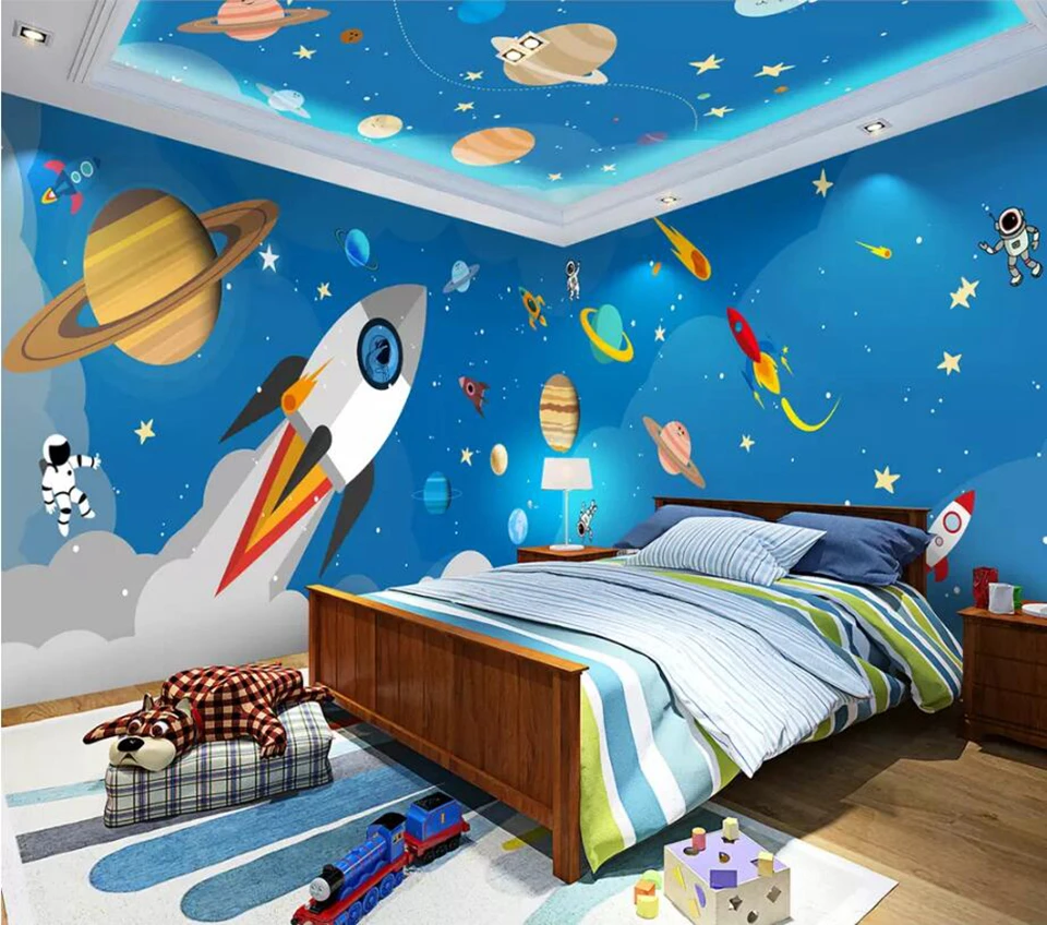 Обои Современная детская комната 3D стерео фото обои 3D настенные фрески настольные компьютеры настенные фрески голубая планета обои для декора комнаты