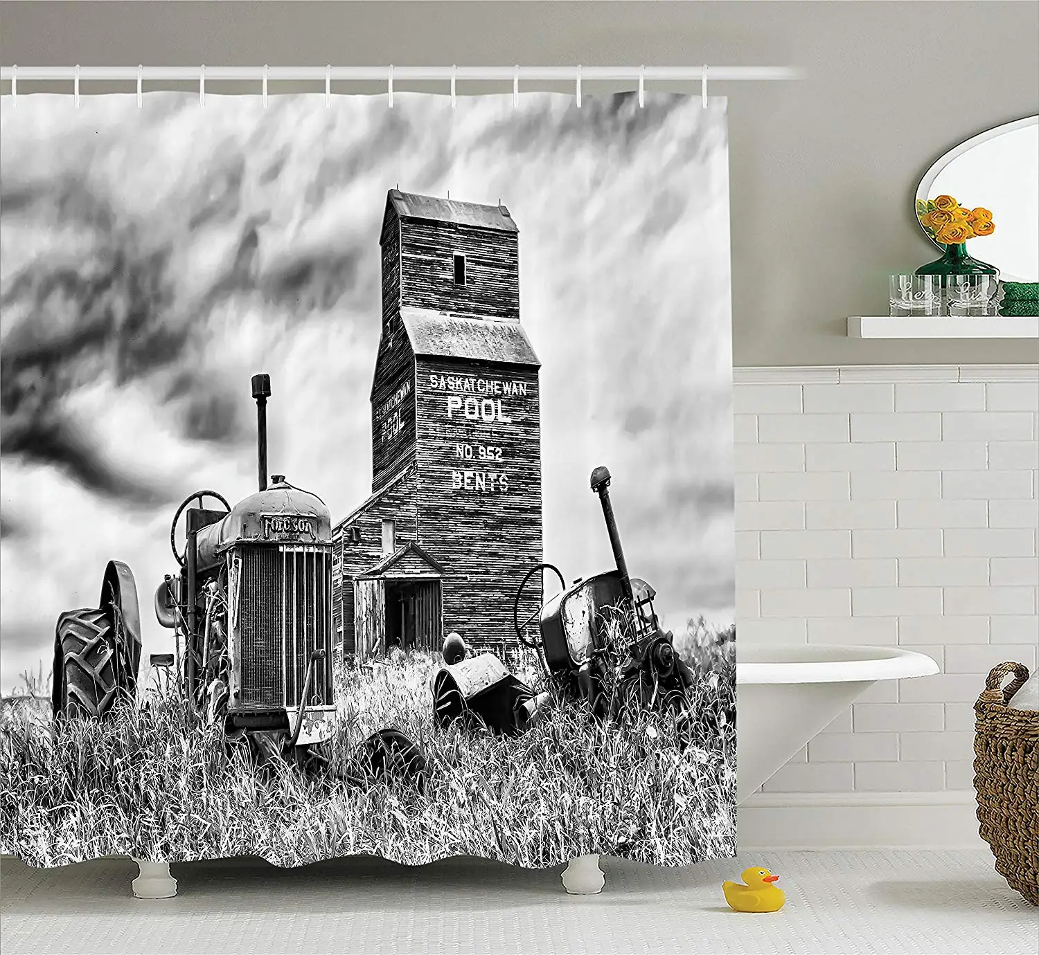 Industrial Decor Shower Curtain Set, Old 60S Abandoned Tractor in The