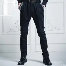 Мужские Повседневное моды банкет штаны-шаровары Тонкий плиссированные висит промежность Штаны вышивкой повседневные штаны мужские 29-38