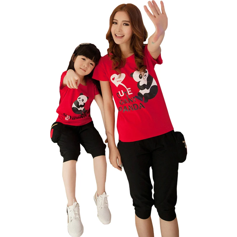 

Cartoon Cute Panda Family Matching Outfits Summer Mother Kids Cozy Cotton Children Clothing Set Girl Boy Short Sleeve T-shirt