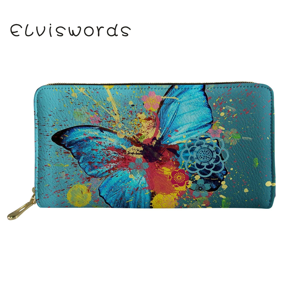 

ELVISWORDS Pretty Butterfly Printed Leather Wallet Women's Purse Zipper Coin Pocket Card Holder Female Carteira Feminina