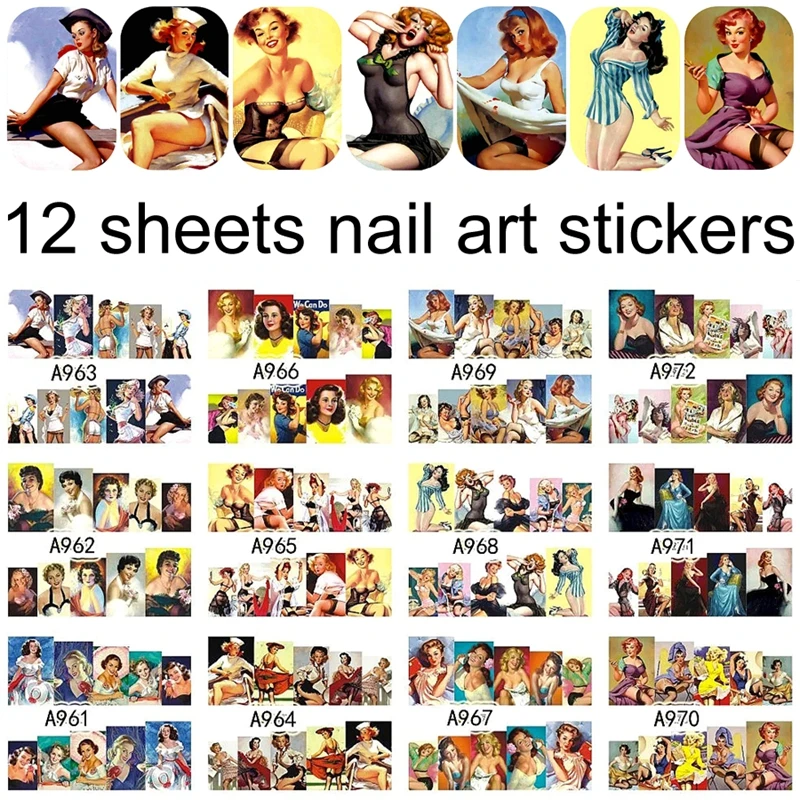 

12 Sheets Sexy Hot Bikini Lady Nail Art Decals Water Transfer Stickers Decorations A973-984# DIY Tips