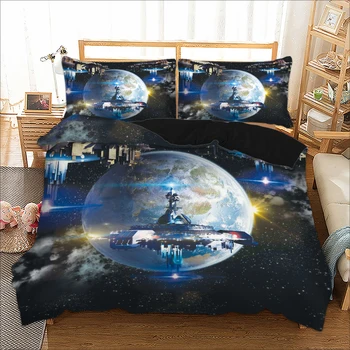 

Blue Starry Microfiber Duvet Cover Set 3 Pieces with 2 Pillowcase 3D Printed Spaceship Around The Earth Bedding Set Home Textile