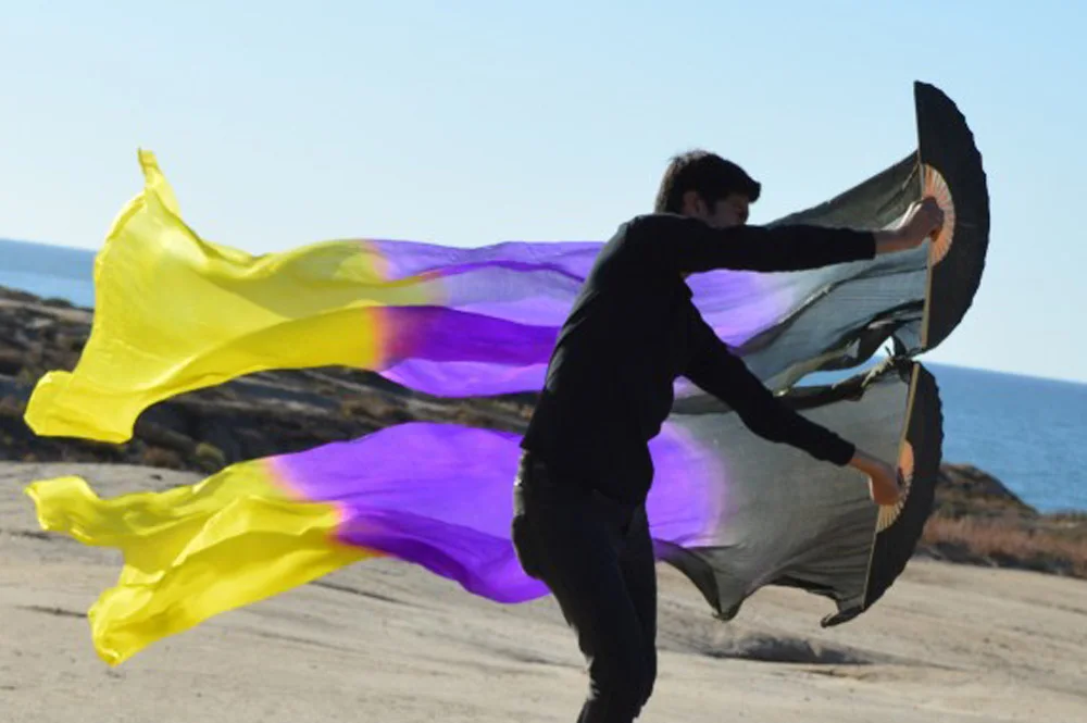 2016 Женский Высокое качество китайский 1 пара Поклонники танца живота дешевые горячая Распродажа черный + фиолетовый желтый Шелковый вуали