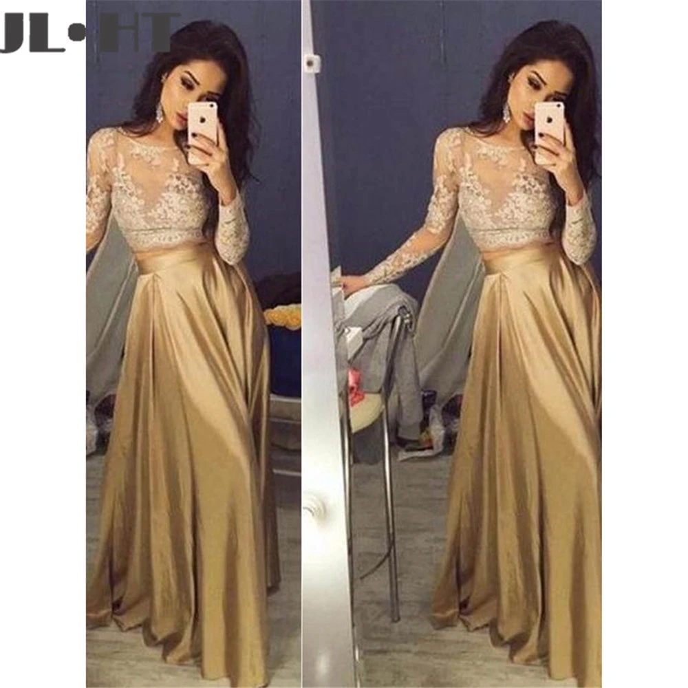 Gold Evening Dresses Long A-Line Appliques Full Sleeves  Prom Dress Custom made 2019 New Two Pieces Evening Dress In Stock plus size evening dresses