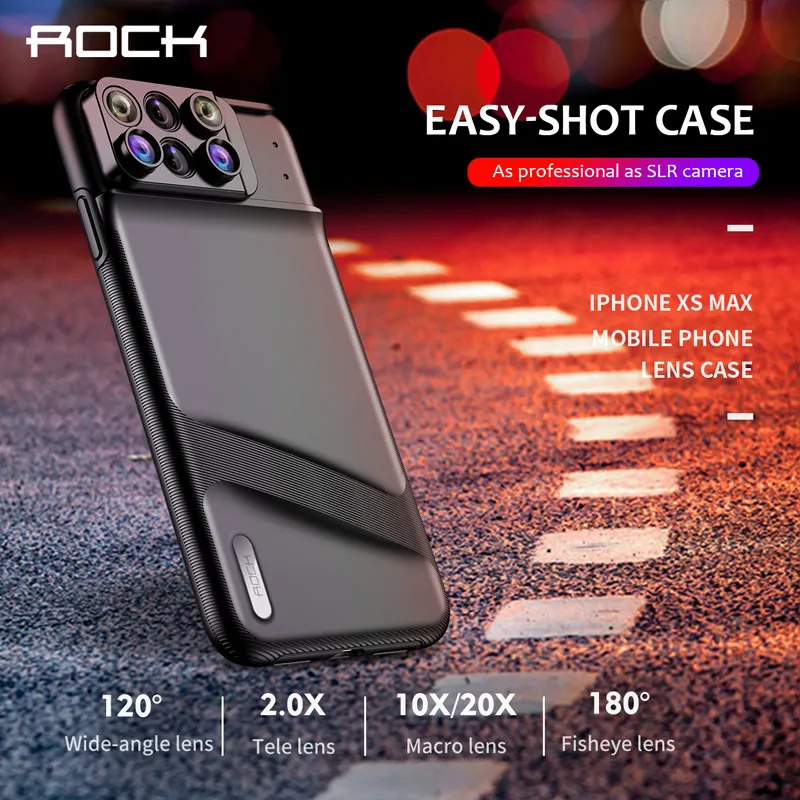 

ROCK Lens Phone Case for iPhone XS Max Fisheye Wide Angle Macro Lens Telephoto Macro Lens 6 in 1 Lenses TPU Cover Full Coverage