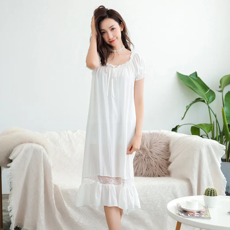 

Summer Nightgown Long Palace Style Short Sleeve Sleepwear Slash Neck Night Dress Women Dresses Modal Sleeping Skirt Home Clothes