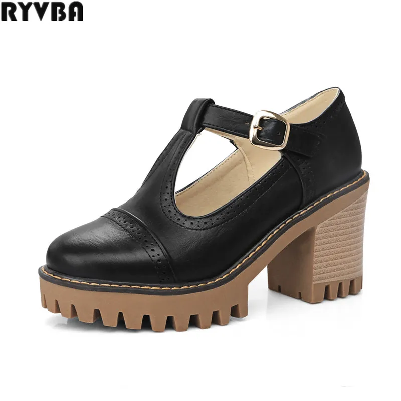 

RYVBA 2019 new woman square high heels pumps fashion T-strap platform shoes autumn spring for women casual work shoes Women's