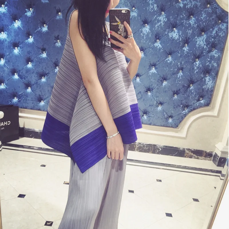 

ASYMSAY Two Piece Set Women Summer Outwear Fashion Hit Color Stitching Sleeveless Loose Top With Wide Leg Cross Pant AC3365
