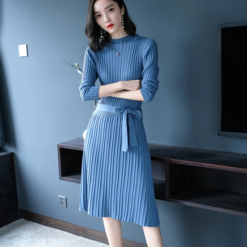 

Knitted Sweater Dress Women half turtleneck Long Sleeve Bodycon Dress Autumn Winter Casual Party Dress with sashes