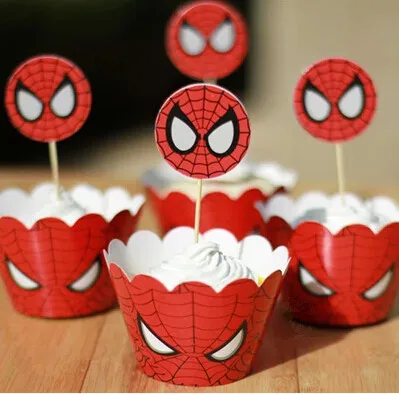 

Free Shipping Spider man cupcake wrappers toppers picks decorations for boys kids birthday party favors supplies comic superhero