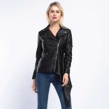 

European Style Women PU Leather Jackets 2019 Spring Irregular Fashion Zipper Slim Motorcycle Faux Leather Jacket Coats AO889