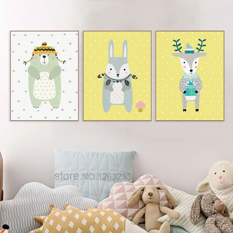 

Rabbit Bear Deer Yellow Cartoon Nursery Poster Wall Art Canvas Painting Posters Picture Nordic Style Kids Decoration Unframed